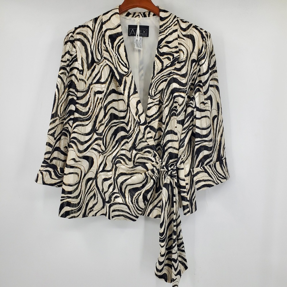 Alex Evenings Black and Cream Zebra-Print Wrap Top